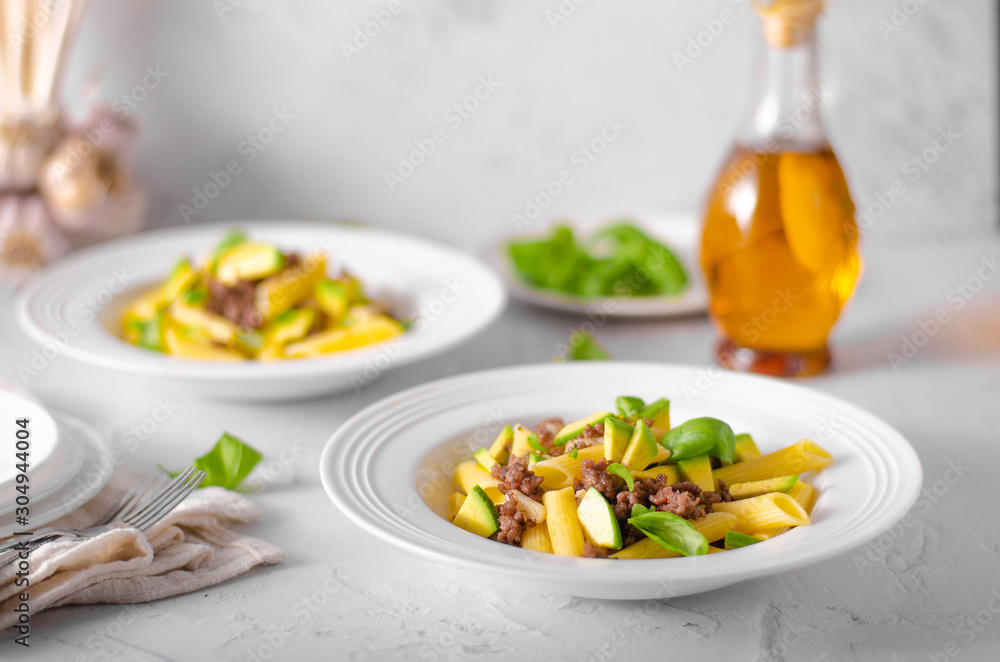 Delicous pasta with beef and fresh avocado Delicous pasta with beef and fresh avocado