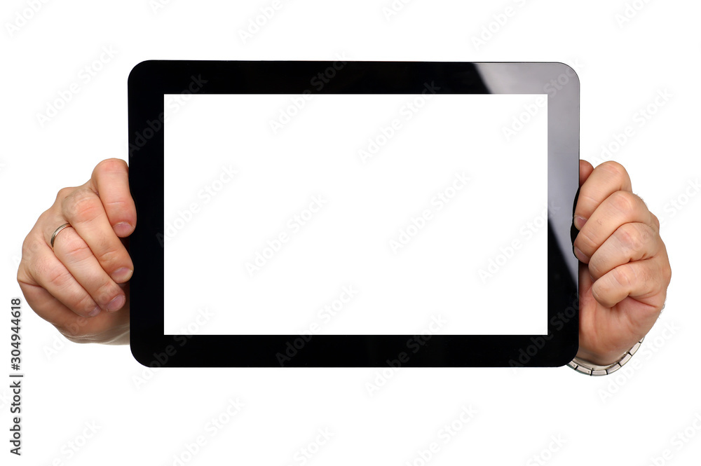 Man hoding black tablet frame in hand