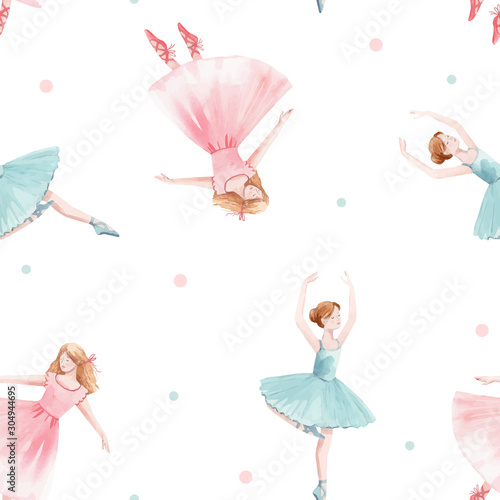 Photographie Watercolor vector seamless pattern with cute dancing girls ballet nutcracker bal