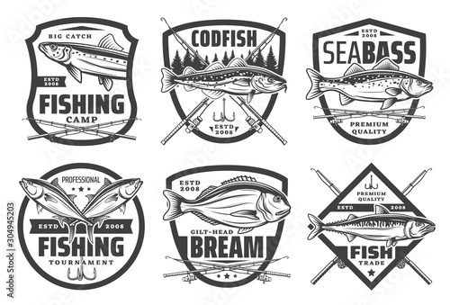 Fishing club, fisher camp and big fish catch icons. Vector icons of sea and river fishing for codfish, seabass, bream or salmon and trout, fisherman rods, fishery lures and tackles equipment