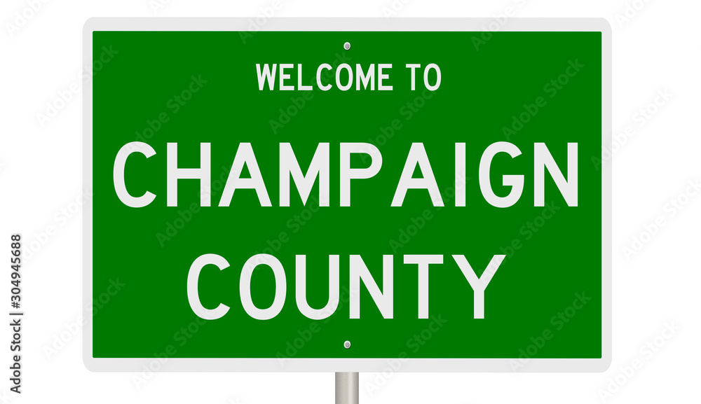 Rendering of a green 3d highway sign for Champaign County