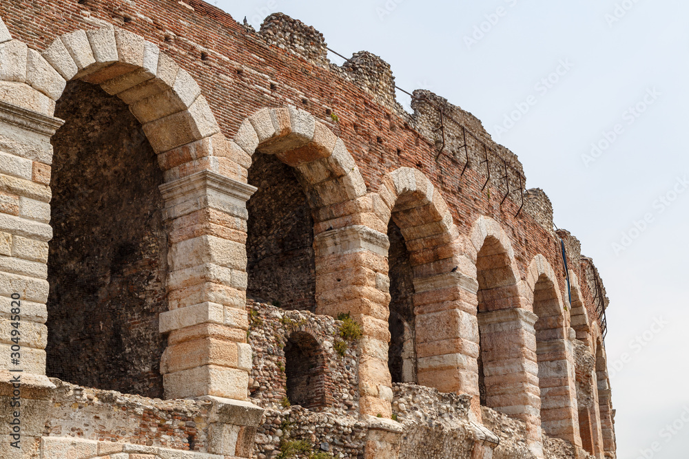 View to ancient Roman amphitheatre converted into arena in the centre of Verona, Italy