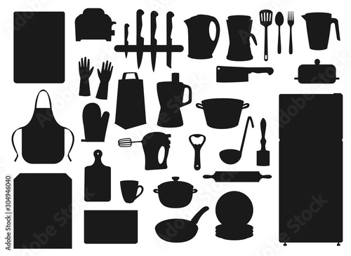 Kitchen appliances, household cooking utensils and kitchenware. Vector cutlery fork and knife, electric kettle, refrigerator and microwave oven, stove and saucepan, mixer blender and cutting board