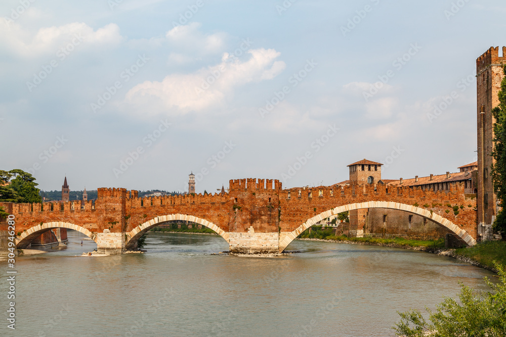 Fortified medieval bridge leading to castle in Verona, Italy