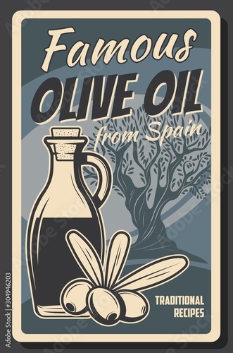 Organic olive oil in bottle and jar, Spanish premium quality food products and cooking vintage retro poster. Vector olive tree, extra virgin oil, healthy natural food recipe