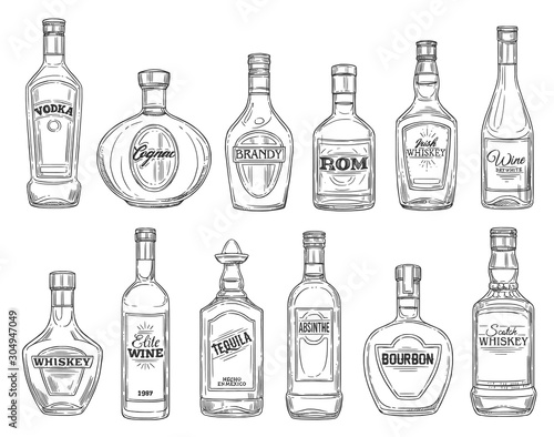 Alcohol drink bottles sketch icons, bar menu drinks and beverages. Vector isolated bottles of premium quality vodka, Irish and Scotch whiskey and wine, elite cognac with absinthe, tequila and bourbon