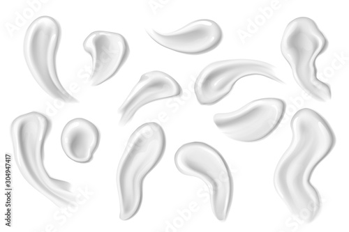 Cream swatches and lotion smears 3d vector of beauty, face skin care product design. Realistic drop shaped strokes of facial moisturiser, body milk or gel samples, cosmetic and skincare themes