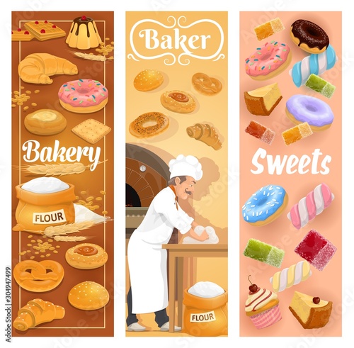 Bakery shop bread, baked desserts and pastry cookies. Vector baker man in chef hat at kitchen oven kneading dough and making patisserie cakes, croissants, wheat bagel buns and chocolate donut sweets