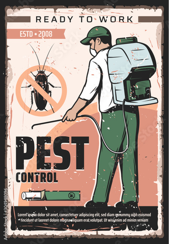 Pest control service, professional home disinsection and domestic bugs extermination vintage retro poster. Vector pest control fumigation and disinsection of parasite cockroaches and insect parasites