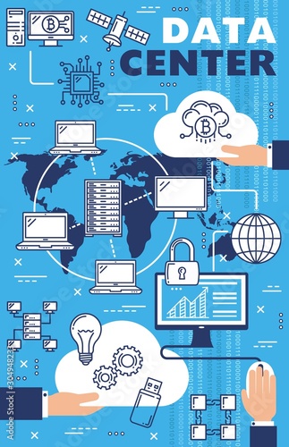 Cloud storage, internet data center and hosting server network technology. Vector digital information storage system, files security and protection infrastructure and web security