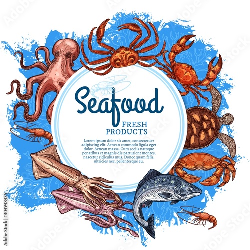 Seafood and fish gourmet restaurant vintage retro poster. Vector ocean and sea fishing catch, sea food squid and lobster crab, chef delicatessen turtle and salmon fish, octopus and crayfish