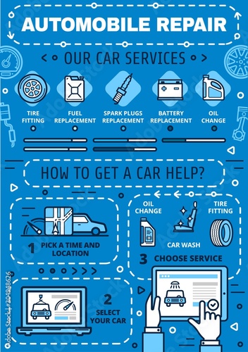 Car maintenance online service, repair and diagnostics auto center. Vector car engine oil replacement, wheel tire fitting and car wash, mechanic restoration and garage station