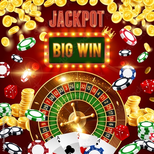 Wheel of fortune jackpot big win, casino poker club cash golden coins splash. Vector gambling roulette, dice and chips, Vegas and Texas royal poker game gamble on neon light bulb sign