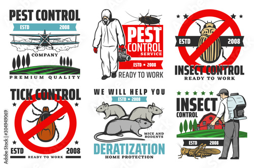 Pest control service, professional extermination, home disinsection and domestic disinfection. Vector pest control fumigation and insecticide of tick bugs, rodents and insect parasites signs