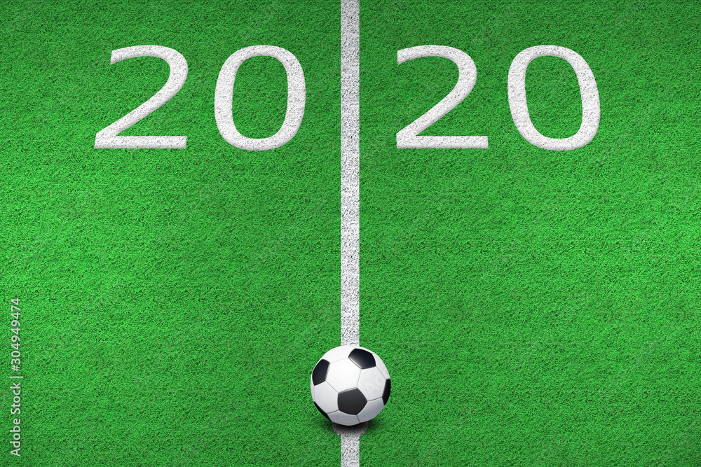 Φωτογραφία grass football pitch with traditional black and white ball in center to play soccer game aerial top down view