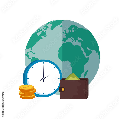 wallet with planet earth and clock vector illustration design