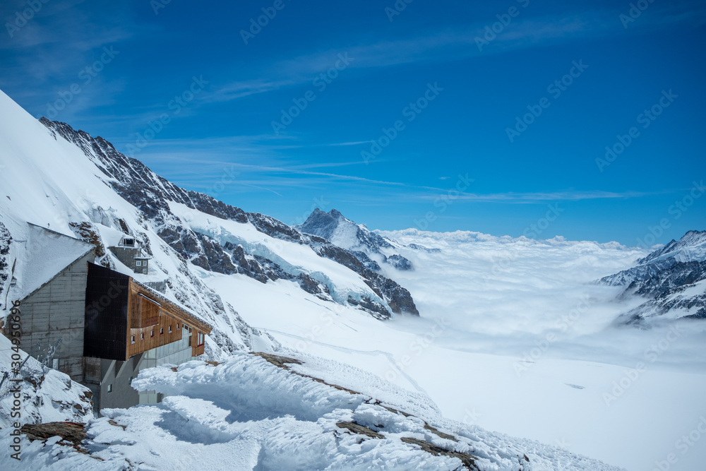 Beautiful panorama view of Aletsch Glacier in  Jungfrau with clear blue sky looking from viewpoint for background, copy space, Switzerland