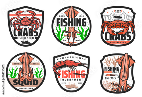 Fishing club, seafood catch tournament and fishery store icons. Vector fisher equipment tackles, rods and lures for sea crab, ocean lobster and squid, shrimp and prawn in ship net