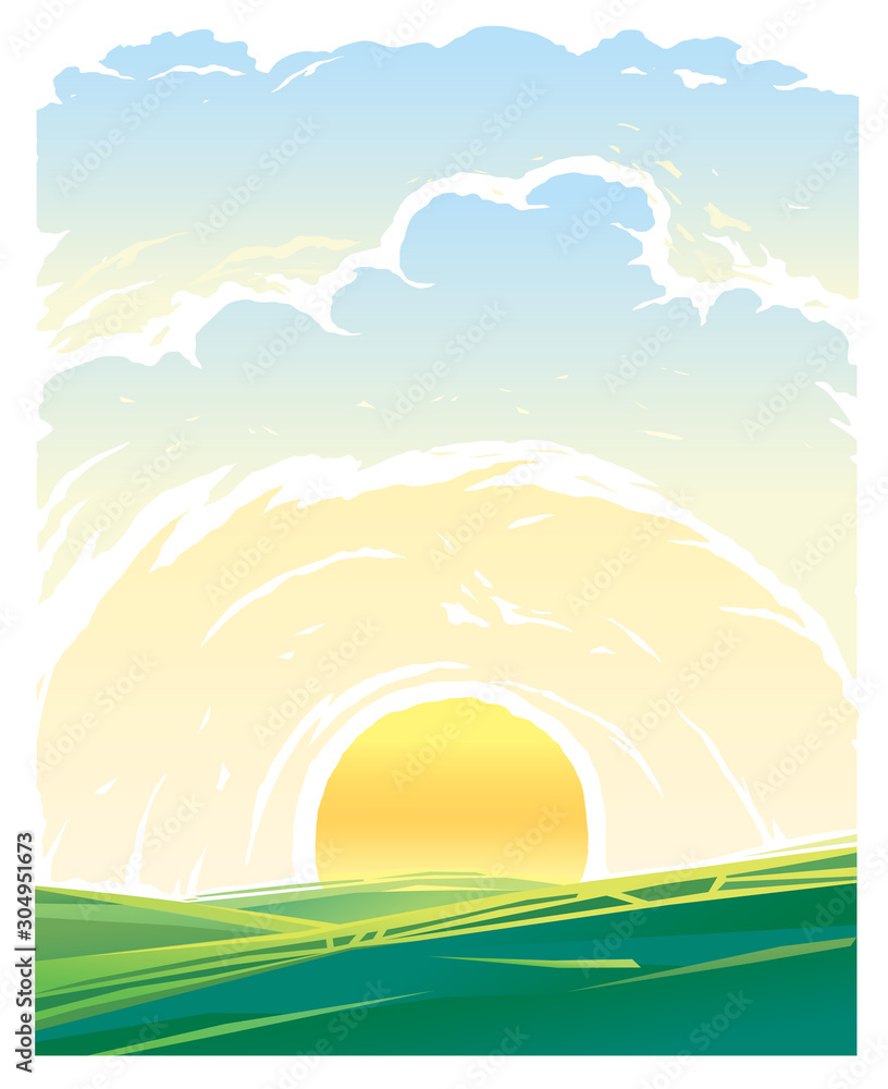 Fototapeta premium Rural landscape with sunrise over the green hills.