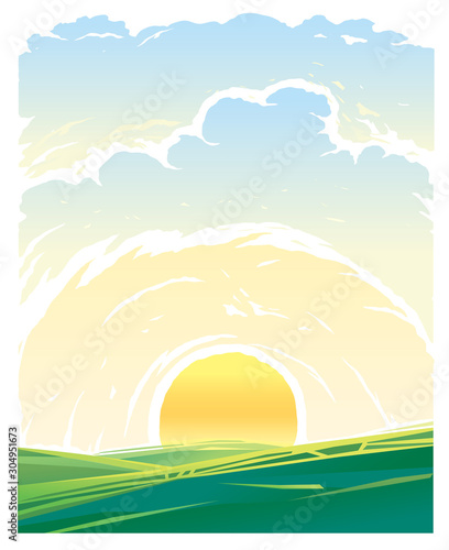 Rural landscape with sunrise over the green hills.
