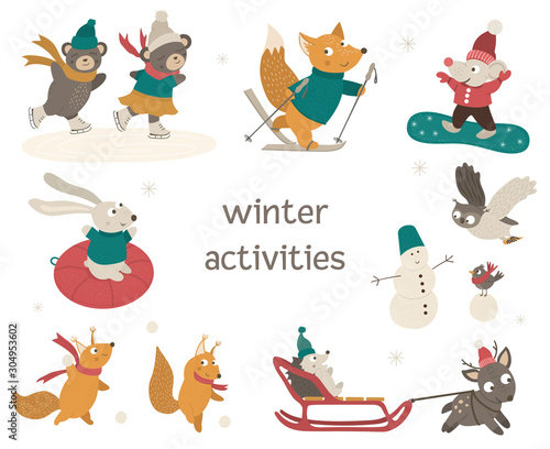 Vector set of cute woodland animals doing winter activities. Funny forest characters with ski, skates, sleigh, snowboard, snowman. .