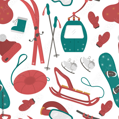 Vector seamless pattern with objects for active winter. Cold season sport equipment background. Texture with items for spending holidays in mountains. .