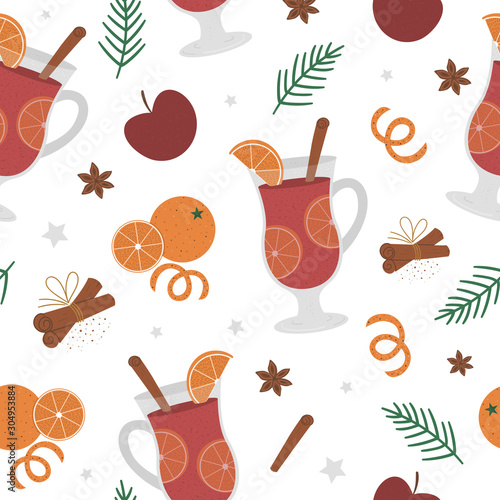 Vector mulled wine seamless pattern. Winter traditional warming drink repeating background. Holiday hot beverage with sugar, anise, cinnamon.