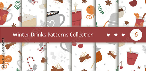 Vector seamless patterns set with winter traditional warming drinks. Repeating backgrounds collection with holiday hot beverages, spices, fruit.