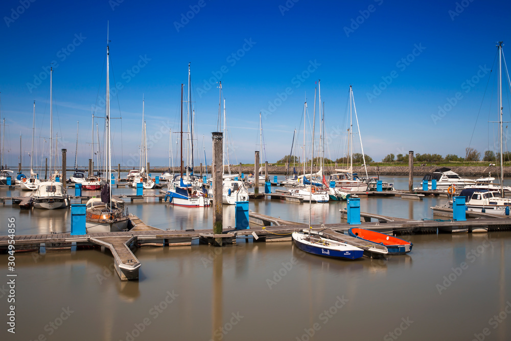 boats in the harbour, Bensersiel, Leybucht, Krummhörn, East Frisia, Lower Saxony, Germany, Europe