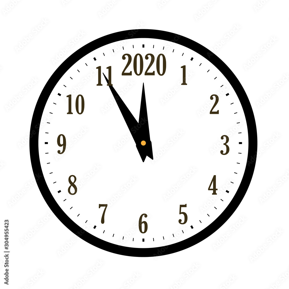 Happy New year 2020. Black clock, arrows, isolated on white background. Blurred design holiday banner, Christmas celebration party, poster. Template decoration card. Vector illustration Happy New year 2020. Black clock, arrows, isolated on white background. Blurred design holiday banner, Christmas celebration party, poster. Template decoration card. Vector illustration