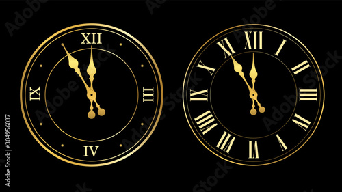 Happy New year 2020. Gold clock, arrows, isolated on black background. Golden design holiday banner, Christmas celebration party, header poster. Template decoration card. Vector illustration