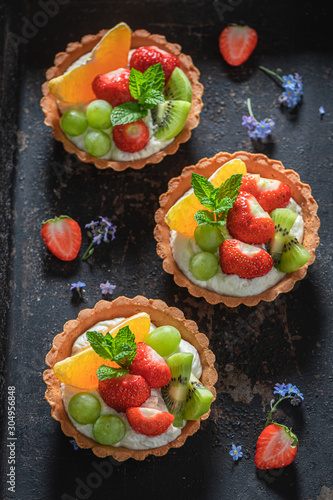 Quadro su tela Homemade mini tart with fresh fruits, mint and whipped cream