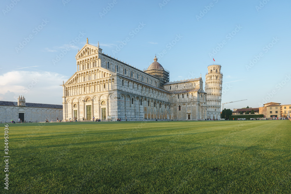 Sunset of the Leaning Tower of Pisa and Pisa Cathedral on Square of Miracles