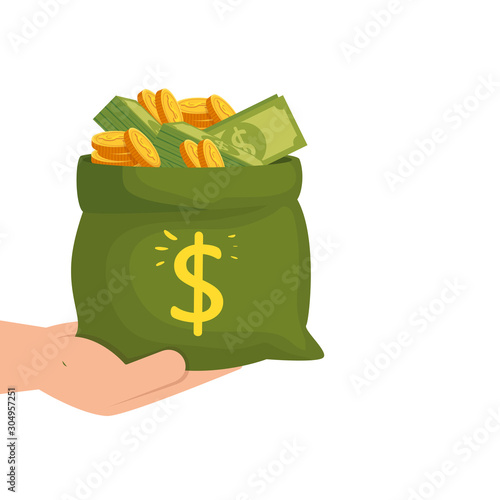 hand with money bag cash isolated icon vector illustration design