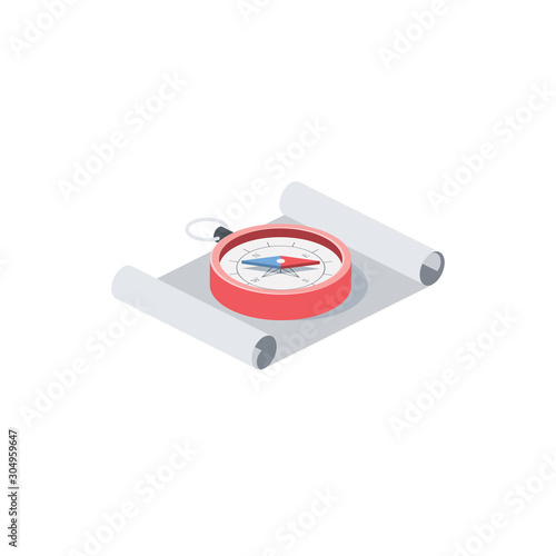 Scroll map compass. Vector 3d isometric, color web icon, new flat style. Creative illustration design, idea for infographics.