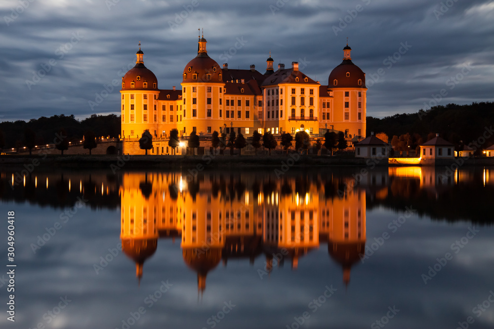 Moritzburg Castle at night in Saxony, Germany
