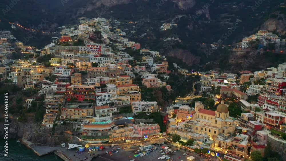 Aerial view of Positano at sunset on the stunning Amalfi Coast, Italy Aerial view of Positano at sunset on the stunning Amalfi Coast, Italy