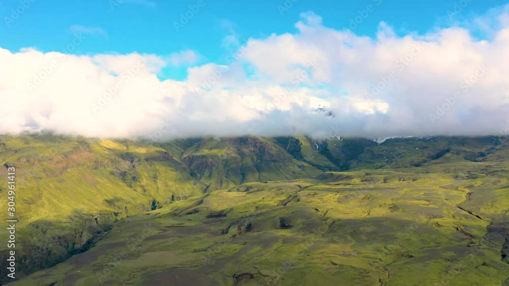 Aerial 4k drone view of the lava flows and green moss of Eyjafjallajokull volcano in Iceland Aerial 4k drone view of the lava flows and green moss of Eyjafjallajokull volcano in Iceland