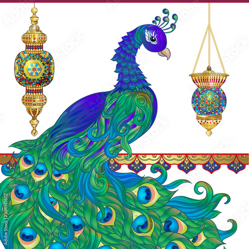 Peacock and eastern ethnic motif, traditional muslim ornament. Template for wedding invitation, greeting card, banner, gift voucher, label. Colored vector illustration in gold and blue.