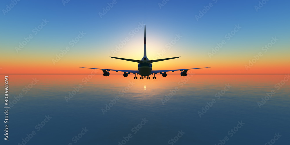 airplane in sunset sky, 3d rendering