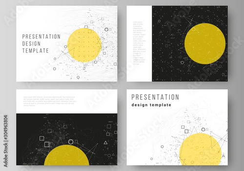 The minimalistic abstract vector illustration layout of the presentation slides design business templates. Science or technology 3d background with dynamic particles. Chemistry and science concept.