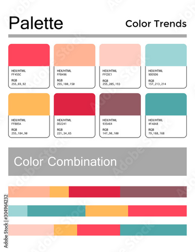 Color palette, harmonious combination, codes and names. Fashion colors for using in web, clothes, interiors and textiles