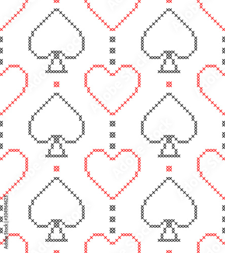 Card suits, diamonds, spades, hearts, clubs. Geometric background. Imitation cross stitch. Seamless decorative design.