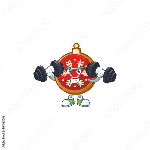 Red christmas ball cartoon fitness character while holding barbells.