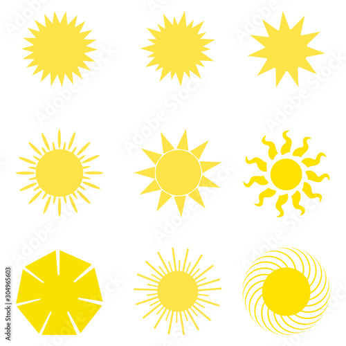 Yellow Sun Shapes Set Isolated on White Background.
