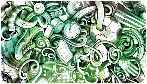 Soccer hand drawn doodle banner. Cartoon detailed illustrations.