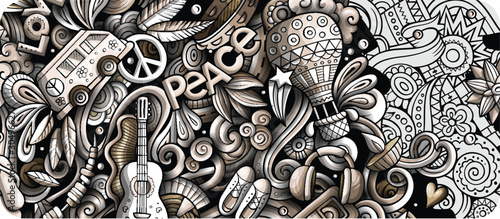 Hippie hand drawn doodle banner. Cartoon detailed illustrations.