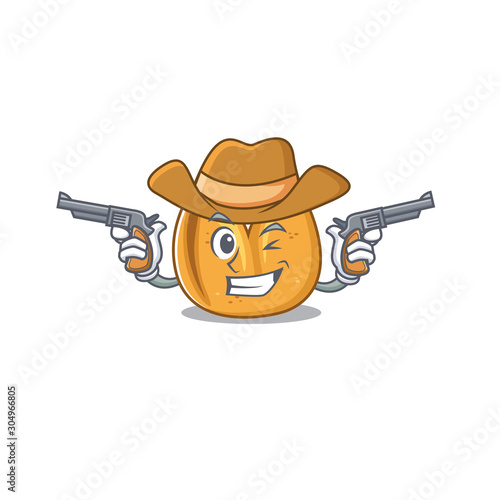 Fortune cookie dressed as a Cowboy holding guns