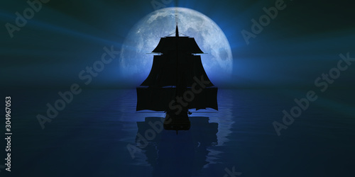 Tableau sur toile old ship at night full moon