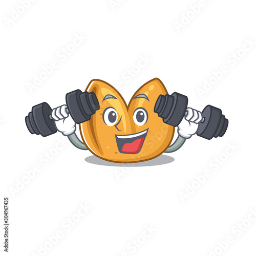 Fortune cookie cartoon Fitness character while holding barbells